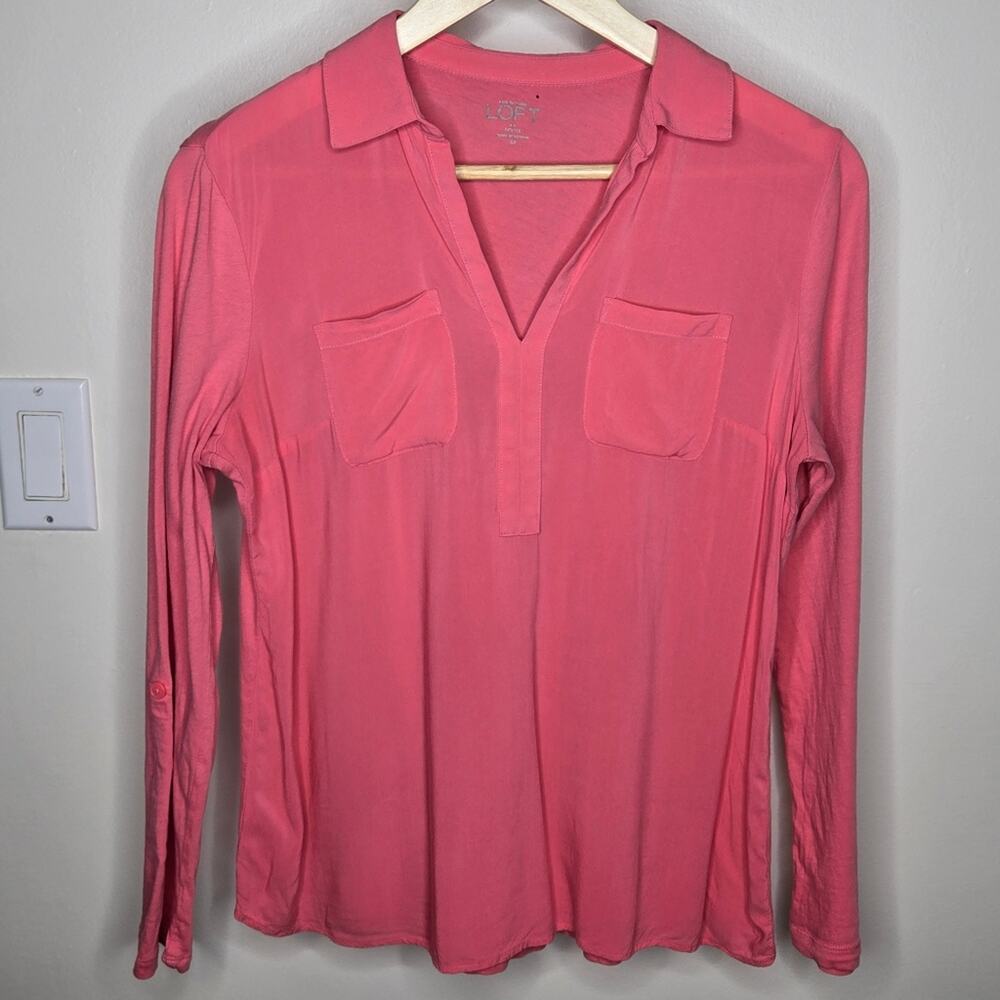 LOFT Coral Pink Women's Mixed Media Top Roll Tab Sleeves Pockets Size SP